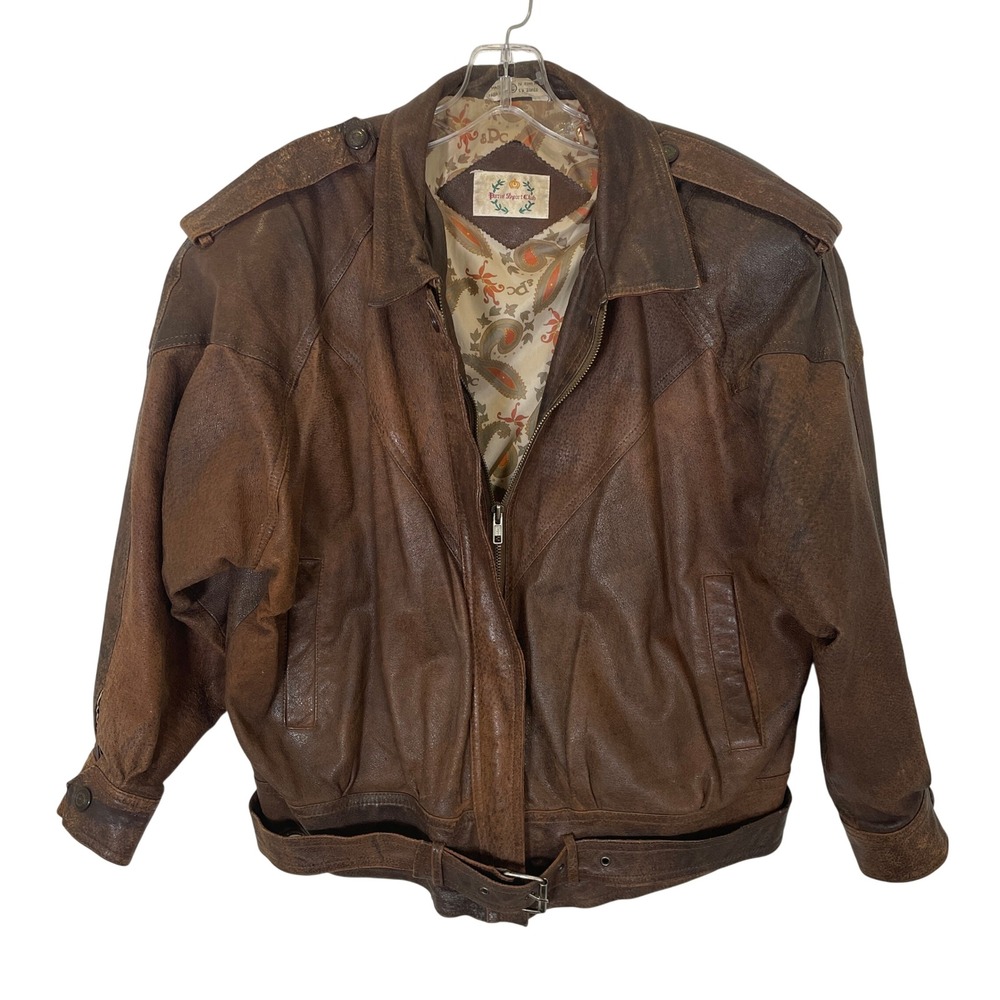 Vintage 80's Paris Sport Club Leather Bomber Jacket Distressed Brown Belted L